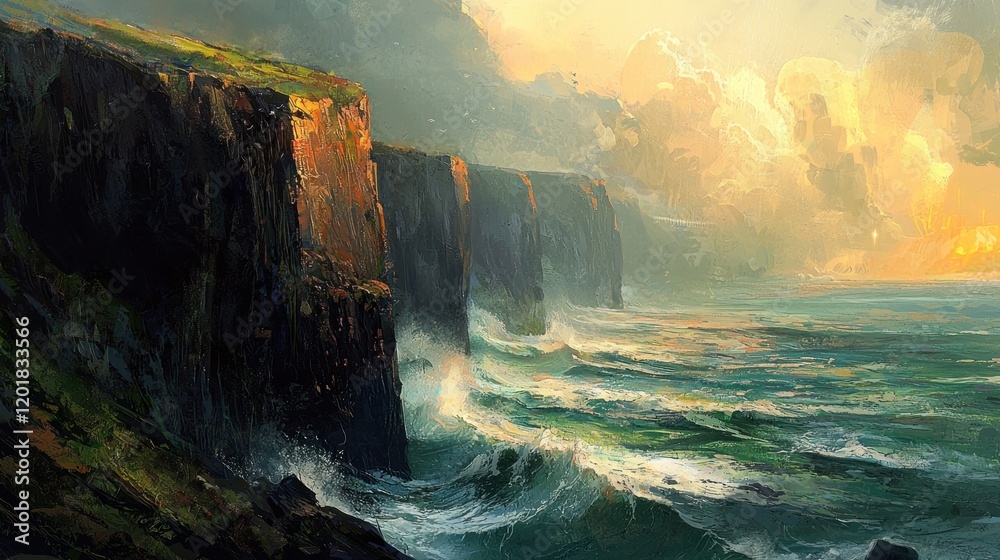 Fototapeta premium Dramatic coastal cliffs with crashing waves at sunset.