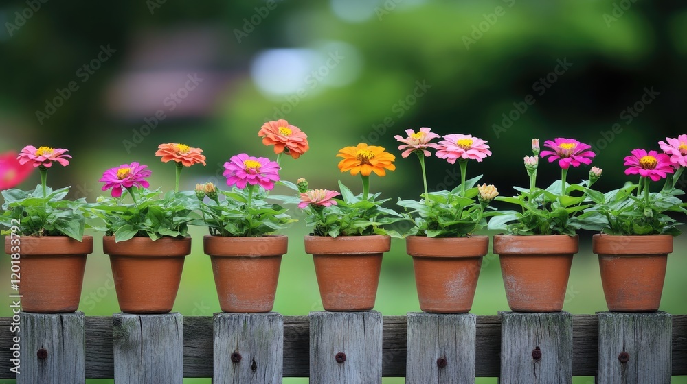 Naklejka premium Bright zinnias blooming in small clay pots hanging on a garden fence.