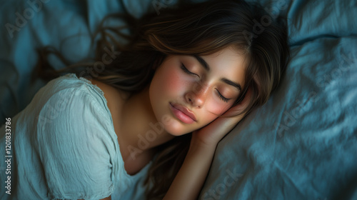 Young woman peacefully sleeping in a cozy bedroom with soft lighting in the evening