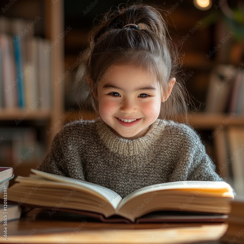 Smiling girl reading a book with globes and books surrounding her. Highlights education, imagination, and curiosity for stock use in learning and school themes. Smiling girl reading a book with globes and books surrounding her. Highlights education, imagination, and curiosity for stock use in learning and school themes.