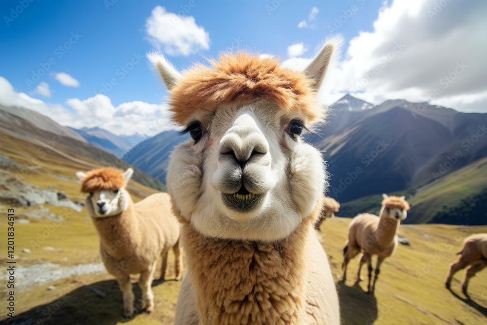 Close up of an alpaca posing with its herd on a mountain meadow Close up of an alpaca posing with its herd on a mountain meadow