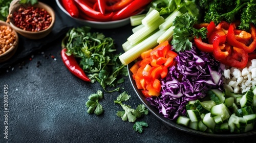 An assortment of cut celery, colorful peppers, purple cabbage, and cucumbers with herbs, beautifully arranged on a dark, textured surface for visual interest.