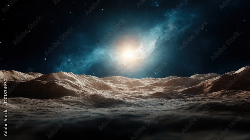 A surreal view of a planet's surface with a dramatic, glowing horizon against a star-filled sky, evoking a sense of mystery and exploration.