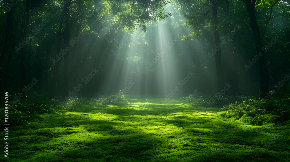 Fototapeta premium Sunbeams Illuminate a Lush Green Forest Path