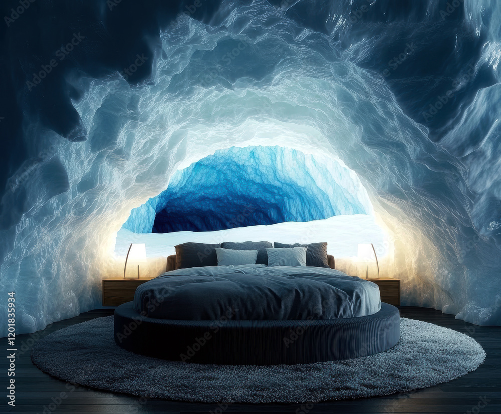 Obraz premium Experience the serene beauty of a cozy bedroom nestled within a stunning ice cave, featuring a circular bed, modern bedside lamp, and breathtaking icy blue views.