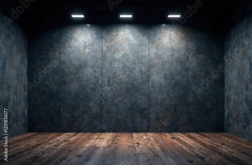Wallpaper Mural industrial grunge background with lighting ceiling lights, dark room with walls of concrete slabs and wooden floor  Torontodigital.ca