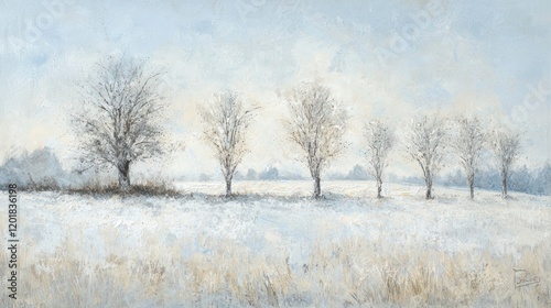 Serene winter landscape with five bare trees in a snowy field under a pale sky.