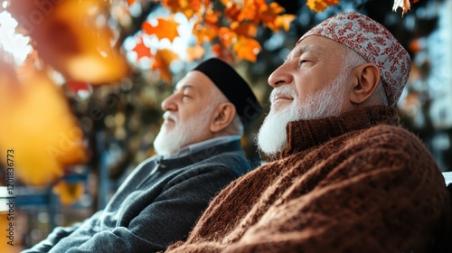 Two bearded elderly men, eyes closed, sit surrounded by colorful autumn leaves. The peaceful scene embodies a sense of relaxation and appreciation for nature. photo