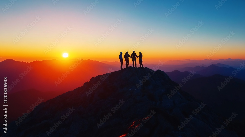 Team of Hikers Helping Each Other Reach Mountain Peak During Vibrant Sunset, Symbolizing Teamwork and Success Team of Hikers Helping Each Other Reach Mountain Peak During Vibrant Sunset, Symbolizing Teamwork and Success