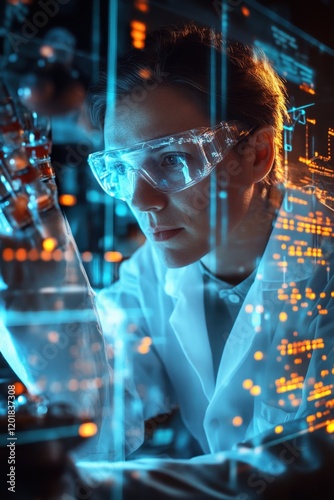 A dynamic shot of a researcher analyzing data from a physics experiment in a cutting-edge lab