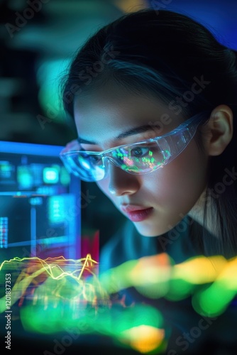 A dynamic shot of a researcher analyzing data from a physics experiment in a cutting-edge lab