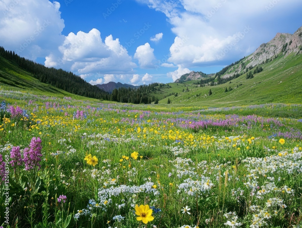 Lush Mountain Meadow with Blooming Wildflowers under a Bright Blue Sky and Fluffy Clouds Lush Mountain Meadow with Blooming Wildflowers under a Bright Blue Sky and Fluffy Clouds