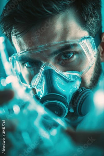 A dynamic shot of a scientist adjusting a respirator mask while preparing for a chemical reaction