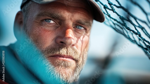 A close-up portrait of a pensive fisherman, surrounded by fishing nets, set against a serene coastal backdrop, capturing his rugged yet contemplative expression. photo