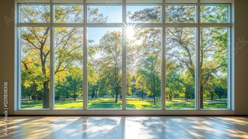 large window with a view of a forest in a sunrise