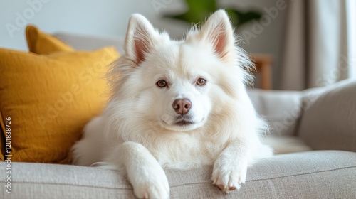 A fluffy white dog lounges comfortably on a modern grey sofa, highlighted by the elegant and chic interior decor, reflecting a sense of coziness and peace. photo