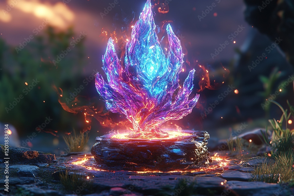 Fototapeta premium Glowing crystal flame on a stone base in a mystical landscape.