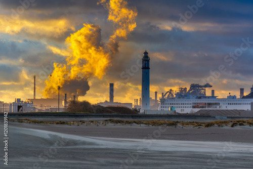 Port et usines de Dunkerque dans une lumière de soleil couchant