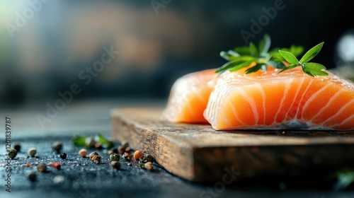 Two thick salmon steaks sit resting on a wooden cutting board, elegantly adorned with scattered herbs and cracked pepper with an out-of-focus background for depth. photo