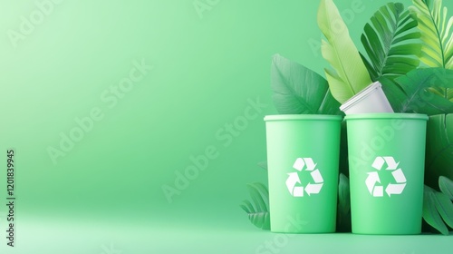 Wallpaper Mural Two green recycling cups sit amidst lush green leaves, promoting sustainability and eco-friendliness in a vibrant, nature-inspired setting. Torontodigital.ca