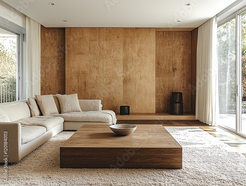 Wallpaper Mural A modern Scandinavian interior design from the living room of a house with minimalist, sofa and wood table and wood-based interior finish. Generative AI
 Torontodigital.ca