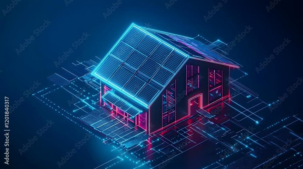 Fototapeta premium Futuristic Glowing House with Solar Panels and Electric Connections in Vibrant Neon Lights
