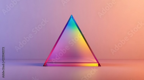 Transparent glass prism with rainbow light refraction on a gradient pink and orange background