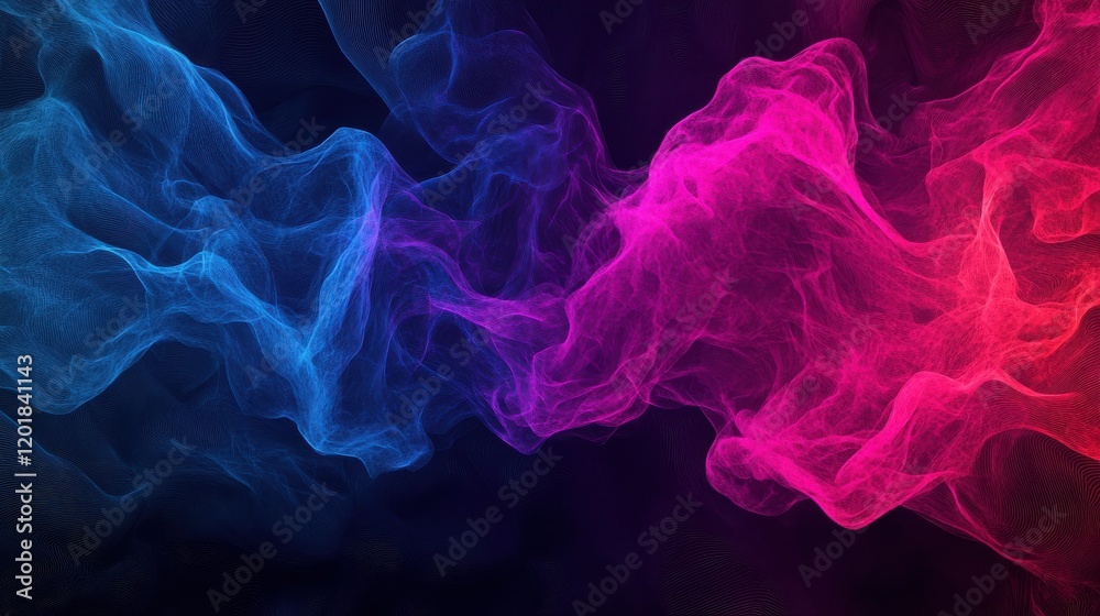 Fototapeta premium Abstract flowing blue and pink smoke-like shapes in a dynamic and vibrant composition on a dark background