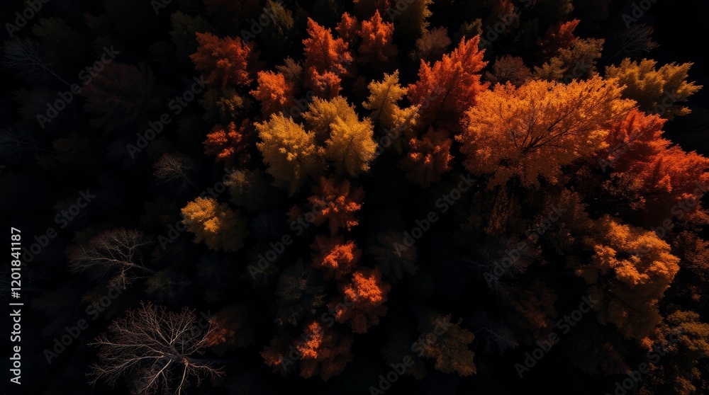 Autumnal forest with rich red, orange, and yellow leaves, contrasted by dark green pines 