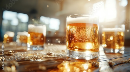 Four glasses of frothy, vibrant beer catch sunlight in a warmly lit bar, adorned with wheat, reflecting warmth and inviting relaxation and enjoyment. photo