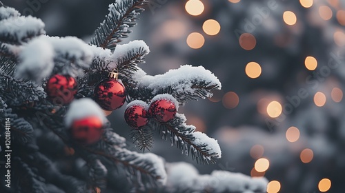 Snow-Covered Red Berries on Branch with Soft Golden Bokeh Lights in Winter Atmosphere photo