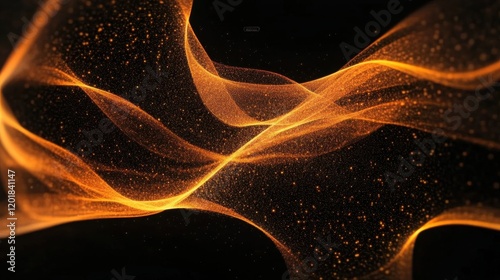 Abstract golden light waves with glittering particles flowing on a dark background
