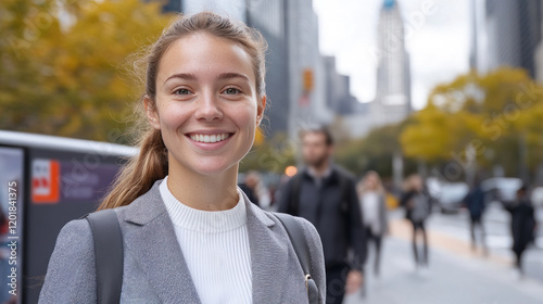 Australian business woman walking in street among skyscrapers in new york city