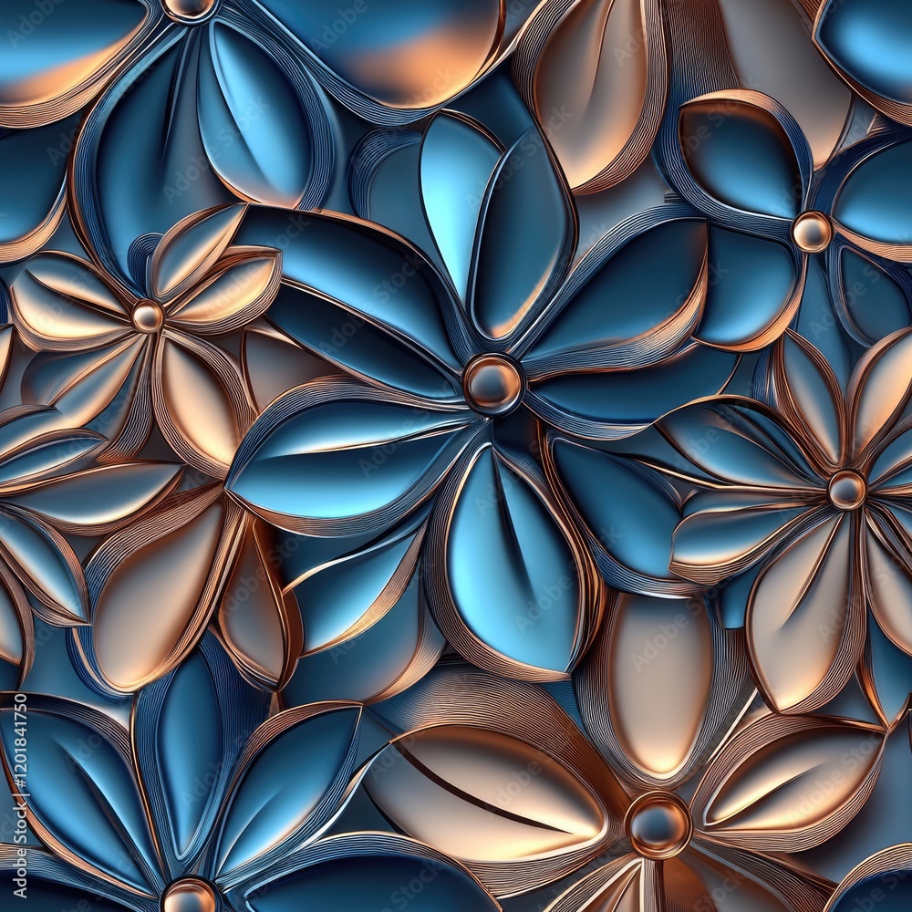 Abstract 3D flowers with interlocking petal shapes in metallic copper and blue . Seamless abstract 3d pattern background Abstract 3D flowers with interlocking petal shapes in metallic copper and blue . Seamless abstract 3d pattern background