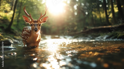 In a sunlit forest, a deer stands gracefully in clear waters, reflecting the radiant sunlight, showcasing the harmonious beauty and peacefulness of nature. photo