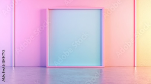 Minimalist pastel wall with glowing frame and gradient hues blending pink, blue, and yellow tones in a modern interior design