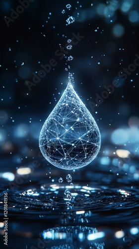 A futuristic glowing water drop with binary code, symbolizing AI in water resource management and sustainable conservation. Perfect for environmental and technology projects.