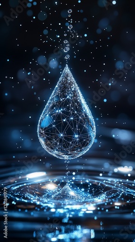 A futuristic glowing water drop with binary code, symbolizing AI in water resource management and sustainable conservation. Perfect for environmental and technology projects.