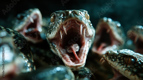 An intense image showing multiple snakes with opened mouths and visible fangs, symbolizing a confrontational and chaotic scene of nature in its raw form. photo