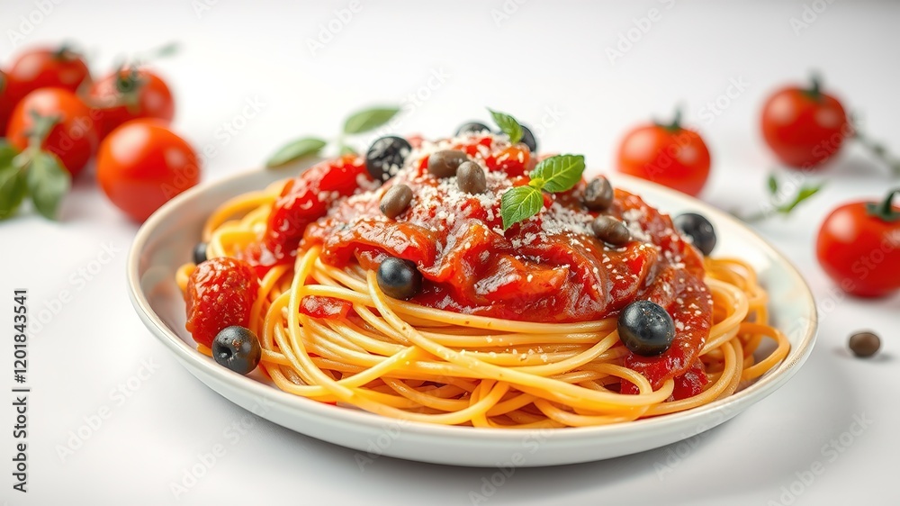 Delicious Spaghetti with Tomato Sauce, Olives, and Capers - Gourmet Italian Dish Delicious Spaghetti with Tomato Sauce, Olives, and Capers - Gourmet Italian Dish
