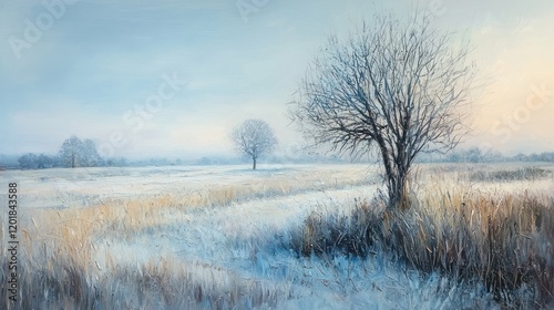 Frosty winter landscape with two leafless trees in a snowy field at sunrise.
