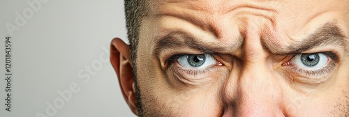 Skeptical man's face close-up, grey background. Use website, advertising photo