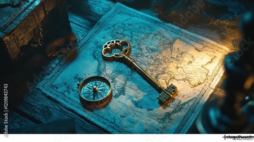 Antique key on treasure map with compass.