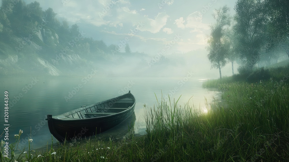 Obraz premium Serene misty morning, rowboat on calm lake shore.