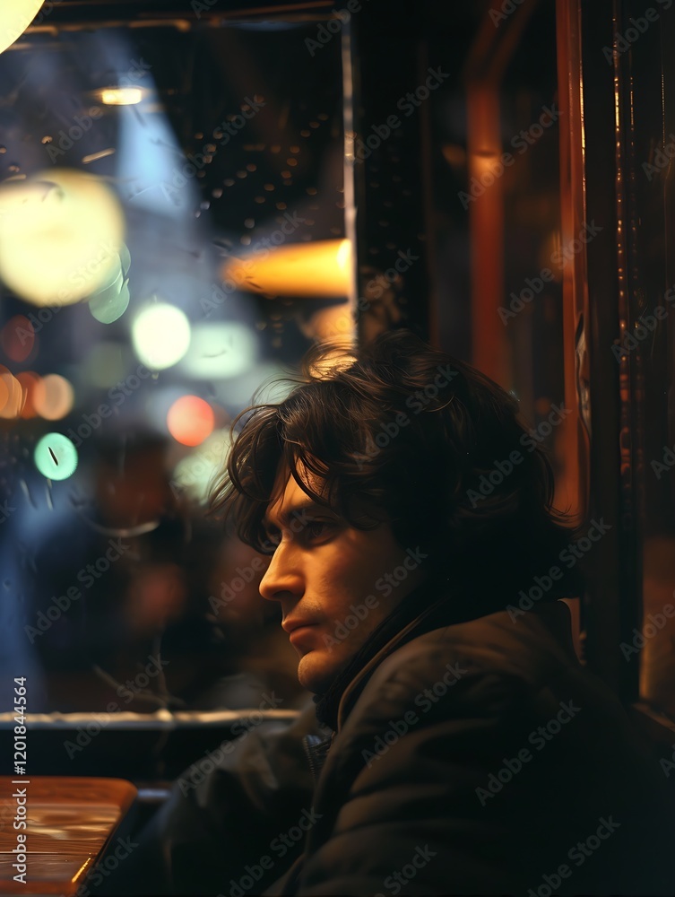 Man Seated Near Rain Soaked Window At Night Contemplative Look In Cafe Setting Man Seated Near Rain Soaked Window At Night Contemplative Look In Cafe Setting