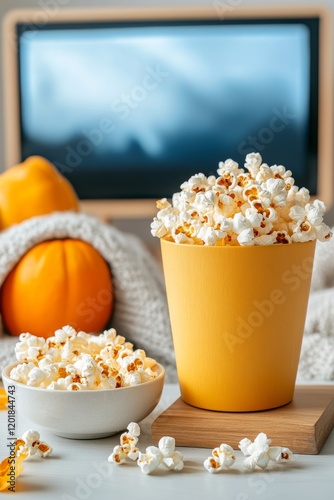 Sala de estar acogedora con sofá y pantalla grande lista para una noche de cine con palomitas photo