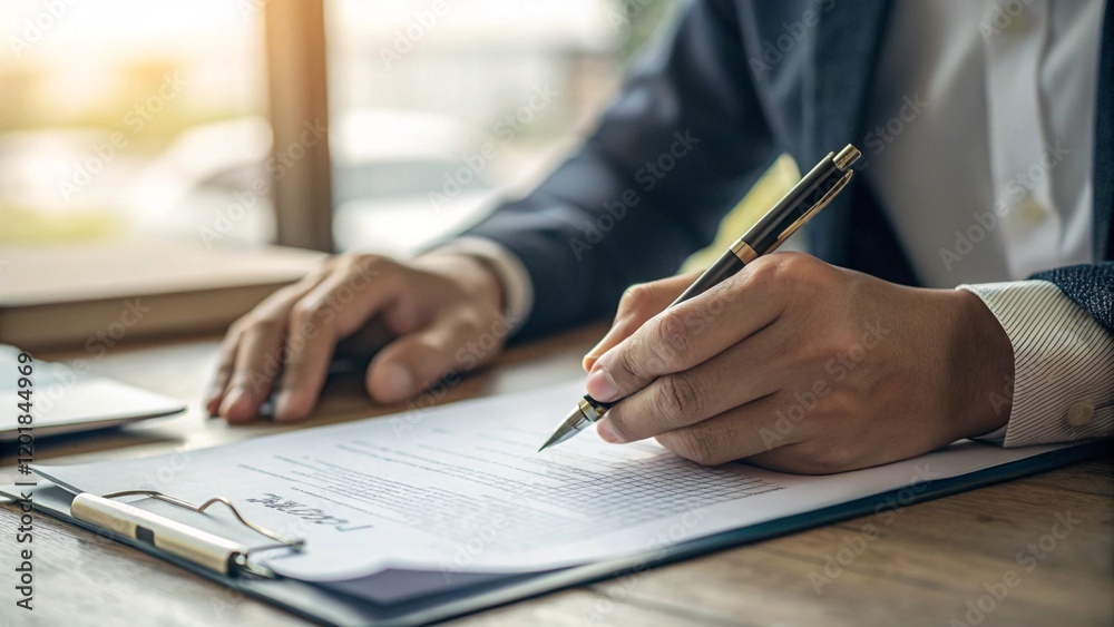 A person writing out a contract, holding a pen and paper on the desk, in a stock photo style, with a close-up shot, soft lighting, and high-resolution photography. A person writing out a contract, holding a pen and paper on the desk, in a stock photo style, with a close-up shot, soft lighting, and high-resolution photography.