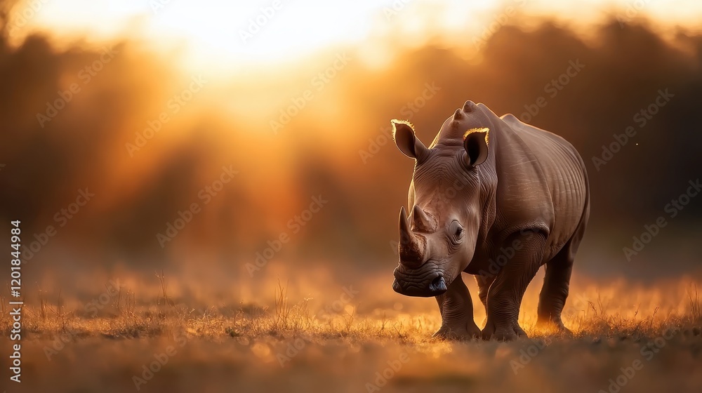 Fototapeta premium A lone rhino stands silhouetted against a golden sunset backdrop, creating a mystical atmosphere in the vast savanna where nature and tranquility intertwine beautifully.
