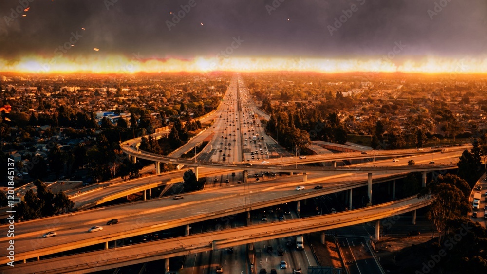 Los Angeles experiences widespread wildfires in 2025 as smoke engulfs urban landscape and highways during evening hours