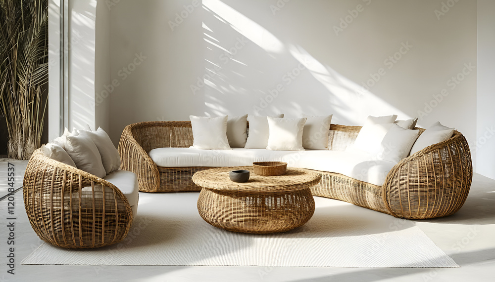 Fototapeta premium Interior of light living room with sofas, rattan table and soft carpet